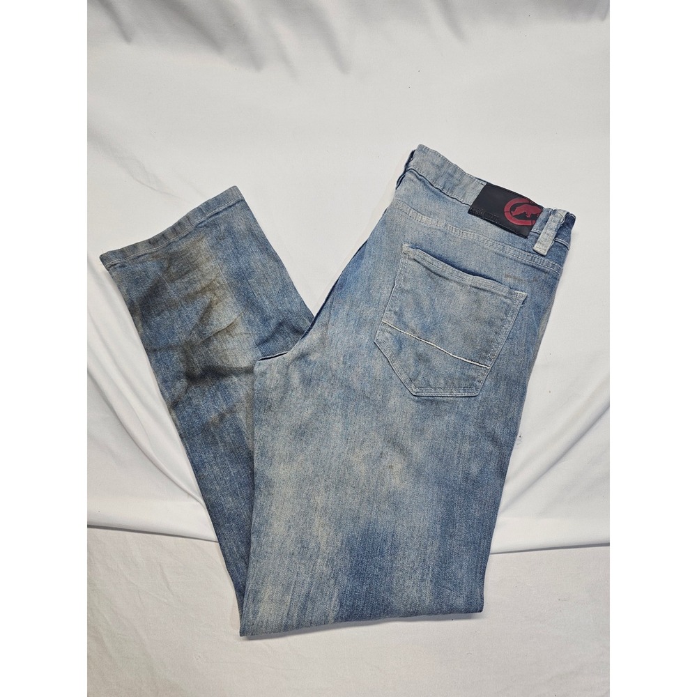 Ecko Unltd Mens Athletic Fit Jeans Size 32 Light Wash Distressed Dirty Tinted